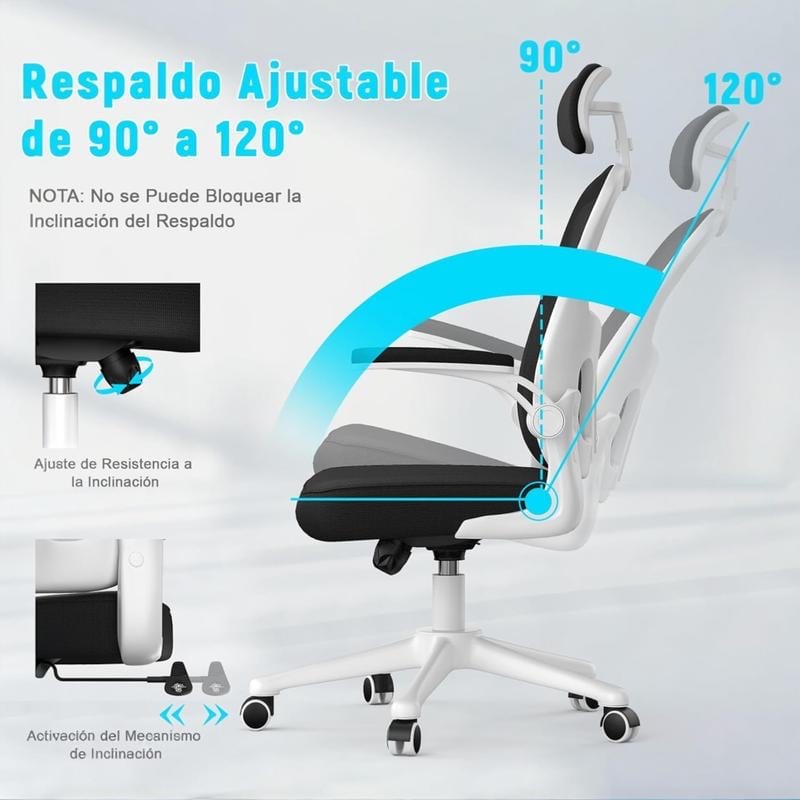 Respaldo reclinable de 90 a 120 grados con tensión ajustable